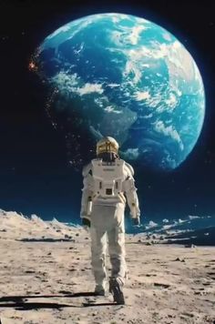 an astronaut walking on the moon in front of a blue and white planet with stars