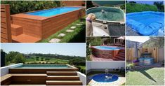 there are many pictures of different types of swimming pools and hot tubs in the yard