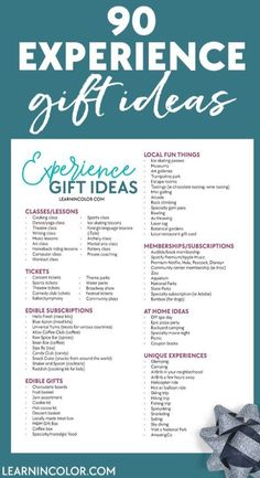 an image of a gift guide with the words,'experience gifts'on it