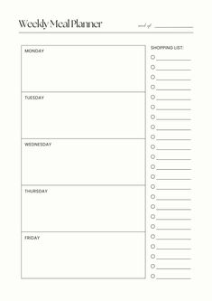 the weekly meal planner is shown in black and white, with lines on each side