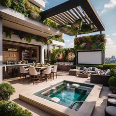 an outdoor living area with a hot tub and bar in the center, surrounded by greenery