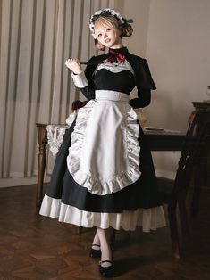 Juliette sleeves, non-removable maid apron at the waist, back zipper, black and white color scheme.  This price includes an OP only, others are not included.   	 		 			Size 			S 			M 			L 		 		 			Full Length 			116 			119 			122 		 		 			Bust 			83 			88 			93 		 		 			Waist 			68 			73 			78 		 		 			Shoulders 			36 			37.5 			39 		 		 			Sleeve Length 			58 			59.5 			61 		 		 			Cuff 			21 			22 			23 		 		 			Hem Circumference 			360 			365 			370 Different Maid Outfits, Entp Maid Dress, Maid Dress Cheap, Cheap Maid Dresses, Classical Maid Outfit, 4xl Maid Plus Size, Maid Dress Reference, Maid Dress Design, Maid Outfit Aesthetic