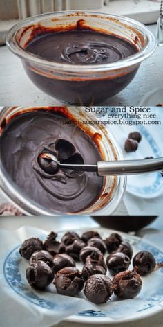 two pictures of chocolate pudding being made in a bowl and then topped with melted chocolate