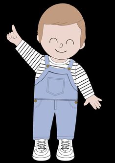 a boy in overalls and striped shirt giving the thumbs up with his hands out