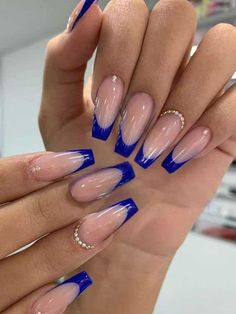 Royal Blue Prom Nails, Blue Prom Nails, Blue And Silver Nails, Hoco Nails, Blue And White Nails, Blue Coffin Nails, Royal Blue Nails, Dark Blue Nails, Unghie Sfumate