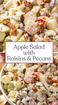 an apple salad with raisins and pecans in a white bowl