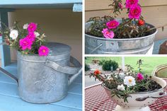 three pictures of flowers in metal buckets on a table and one has pink and white flowers