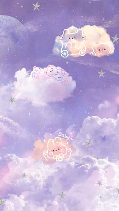 the sky is filled with clouds and hello kitty stickers on it's sides