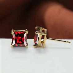 Brand New Men's Square Ruby Square Stud Earrings 18k Gold Plated 925 Sterling Silver (Stamped) Genuine 2ct Natural Princess Cut Red Ruby Gemstones 6mm Size Retail Price $350 Buy With Confidence From A Trusted Seller W/ A 99%+ Feedback Rating! A0193 (Id-737-) Luxury 14k Gold Red Earrings, Luxury Red 14k Gold Earrings, Red Diamond Cut Earrings For Anniversary, Red Diamond Cut Earrings For Formal Occasions, Red Diamond Cut Anniversary Earrings, Classic Gemstone Earrings For Valentine's Day, Square Stone Earrings, Red Stone Earrings, Square Stud Earrings