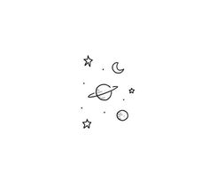 a black and white drawing of stars, planets and the moon on a white background