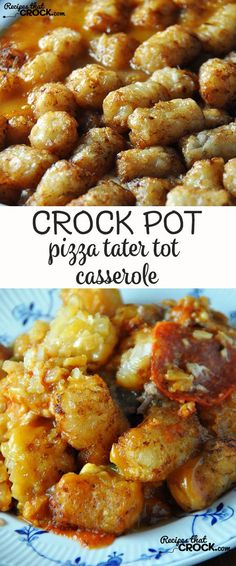 crock pot pizza tater tot casserole on a blue and white plate