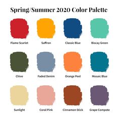 the color palettes for spring and summer 2020 are shown in different colors, including red, orange, blue, green, yellow, pink