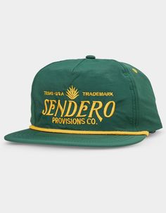 Sendero Provisions Co. Logo 5 Panel Snapback Hat. Embroidery On Front. Flat Bill. Brim Rope Detail. Adjustable Snapback Closure. Woven Label At Closure. Imported. Paracord Braids, Co Logo, Hand Sticker, Logo Hat, Brown Hats, Unique Fits, Hat Embroidery, Woven Label, Woven Labels