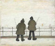 two people standing next to each other on a pier looking at the water with fishing rods in their hands