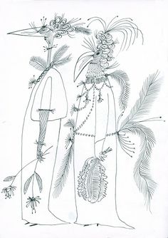 a drawing of two women standing next to each other in front of pine cones and flowers