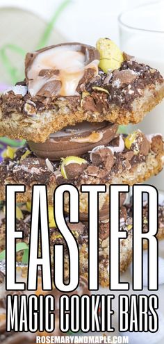 chocolate covered cookies stacked on top of each other with the words, easter magic cookie bars