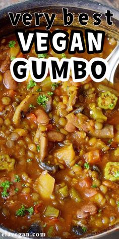 vegan gumbo in a pot with the words, very best vegan gumbo