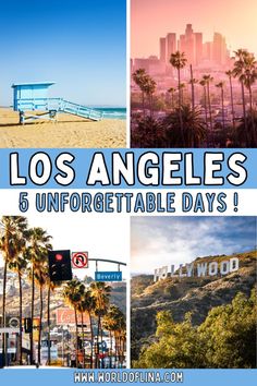 the los angeles sign and beach with palm trees in front of it, and an image of