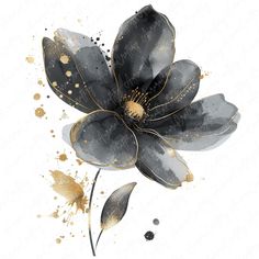 a black and gold flower with watercolor splashes on the petals, in front of a white background