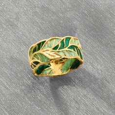 Ross-Simons - Italian Green Enamel Leaf Ring in 14kt Yellow Gold. Size 10. A perfect ring for the nature enthusiast! Light and dark green enamel leaves shine in textured and polished 14kt yellow gold. 3/8" wide. Green enamel leaf ring. Nature, Nature Enthusiast, Summer Rings, Green Rings, Fine Jewelery, Classic Engagement Rings, Green Jewelry, Natural Gold, Leaf Ring