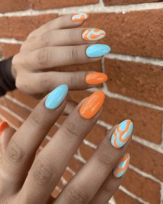 Pastel Blue And Orange Nails, Vacation Nail Designs, Vacation Nails, Bright Nails, Beach Getaway, Neon Nails, Beach Nails