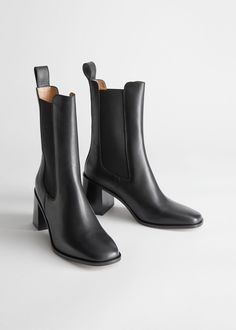 Leather chelsea-style boots with elasticated side-panels, stacked block heels and an almond-shape toe. Pull tabs Heel height: 7.5cm / 2.9" Suede Tote Bag, Heeled Chelsea Boots, Straight Clothes, Suede Tote, Black Chelsea Boots, Leather Chelsea Boots, Socks And Sandals, Sneaker Heels, Chelsea Boot