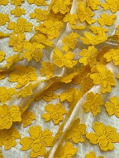 Yellow 3D floral lace on mesh fabric, 55" wide We do our best to ensure that our photos are as true to color as possible. Colors may vary per screen. We do not accept returns based on difference in color. For exact color matching please order a swatch. Mesh Fabric, Lace Fabric, Floral Lace, Color Matching, Yellow, Display Homes, Lace, Craft Supplies, Floral