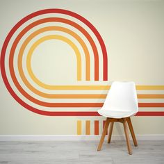 Retro Spiral Mural Reds Wallpaper in living room with small white plastic chair Retro Mural Ideas, Retro Wall Stripes, Retro Wall Mural, Retro Mural, Marble Wall Mural, Tropical Art Deco, Scandinavian Wallpaper, Abstract Wallpaper Design, Art Deco Wallpaper