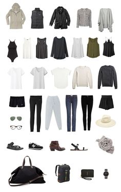 an assortment of clothes and accessories arranged on a white background