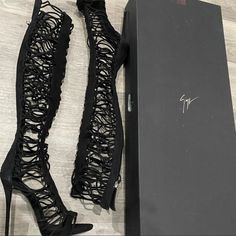 New Giuseppe Zanotti 2018 Collection *Zoey* Suede Cage Black Sandals Boots 40 Women 10 Thigh High Boots Heels Shopakira, Luxury Leather Knee-high Boots With Stacked Heel, Fall Designer Party Heeled Boots, Designer Heeled Boots For Fall Party, Designer Party Boots For Spring, Luxury Black Boots For Spring, Luxury Lace-up Heeled Boots For Evening, Designer Lace-up Party Boots, Designer Black Heeled Boots For Night Out