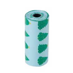 a roll of blue wrapping paper with green leaves on it