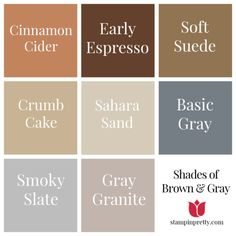 shades of gray, brown and gray with the names of different colors on them for each color