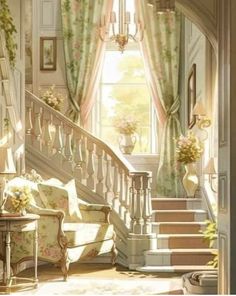 a staircase leading up to a living room filled with furniture and flowers on the windowsill