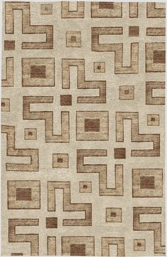 an area rug with squares and rectangles in brown, beige and white colors