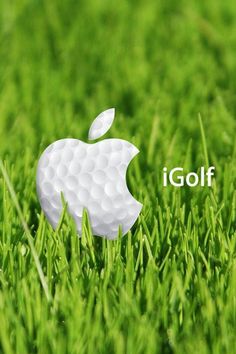 an apple golf ball sitting in the middle of some green grass with text that reads, i golf