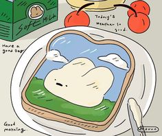 a cartoon drawing of a toasted sandwich on a plate with cherries and an apple next to it