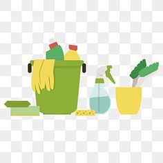 cleaning supplies are arranged on a white background, including a green bucket and yellow gloves