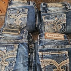 Womens Brand New Rock Revival And Miss Me Jeans For Sale. I Bought Them And Never Wore, No Tags But They Are New. 7 Jeans In Rock Rev. Size 29 (5 Jeans) Size 30 (2 Jeans) Buy All Rock Revivals For $500.00 Or 100.00 Each. See Pics For Details. They Have Bling On The Pocket Designs. The Jeans Are Pricey But They Are Worth It. Great Buy For Back To School.. Rock Revival Jeans Women, Pocket Designs, Womens Cropped Jeans, 7 Jeans, White Denim Jeans, Rock Revival Jeans, Y2k Clothing, New Rock, Old Navy Jeans