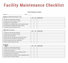 the printable maintenance checklist is shown in red and white, with text that reads facility