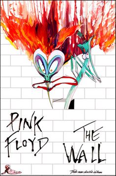 pink floyd the wall album cover art with graffiti on brick wall and flowers in flames