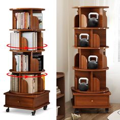 there is a book shelf with kettles on it and an image of the bookshelf