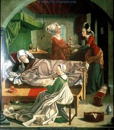 an old painting of two women in a hospital