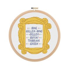 a cross stitch pattern with the words,'bing geller - rive gufty tribim green '