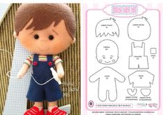 the doll is wearing overalls and holding a pair of red shoes in front of it