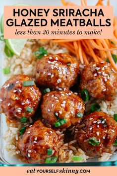 honey sriraca glazed meatballs on top of rice with carrots and green onions