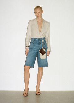 Straight-fit denim bermuda shorts - Woman | MANGO USA Jean Bermuda Shorts Outfit, Denim Bermuda Shorts Outfit, Bermuda Shorts Outfit, Winter Outfits Casual, Long Denim Shorts, Denim Shorts Style, Jean Short Outfits, Denim Shorts Outfit, Bermuda Shorts Women