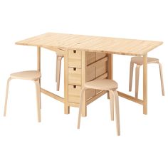 a wooden table with two chairs next to it and a drawer on the top shelf