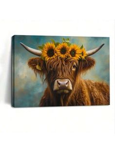 a painting of a cow with sunflowers on it's head is shown