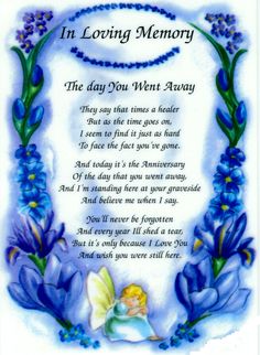 a memorial poem with blue flowers and an angel