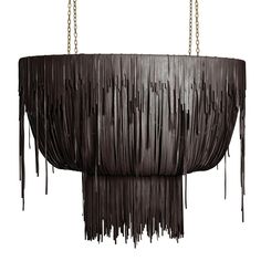 a black chandelier with chains hanging from it's sides and fringes